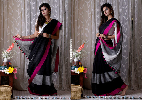 Extraordinary Black Premium Linen Designer Saree For Women