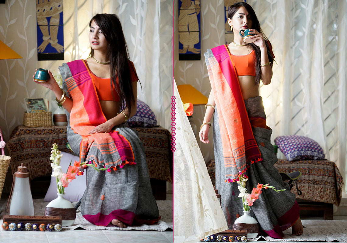 Attractive Grey Orange Premium Linen Designer Saree For Women