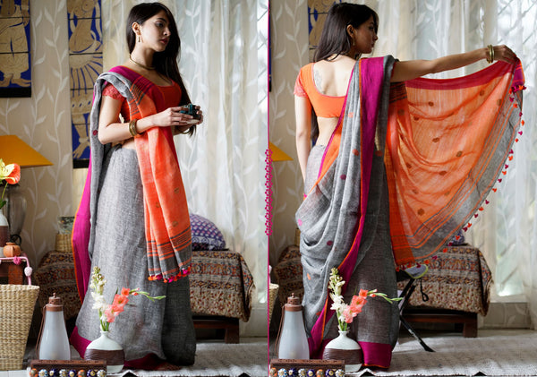 Attractive Grey Orange Premium Linen Designer Saree For Women