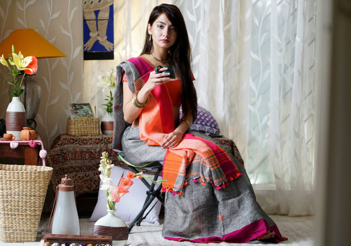 Attractive Grey Orange Premium Linen Designer Saree For Women