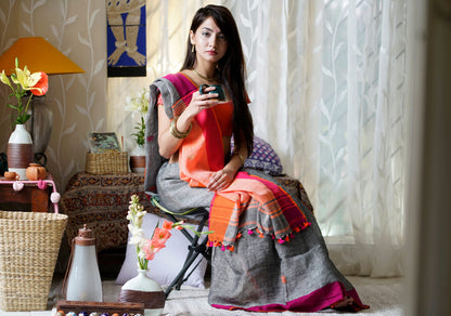 Attractive Grey Orange Premium Linen Designer Saree For Women