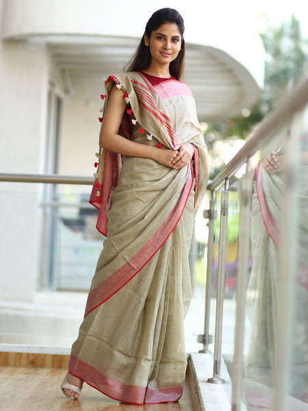 Spellbinding Beige Colored Party Wear Premium Linen Saree For Women
