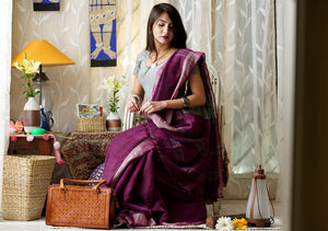 Dazzling Purple Pure Linen Designer Function Wear Saree For Women