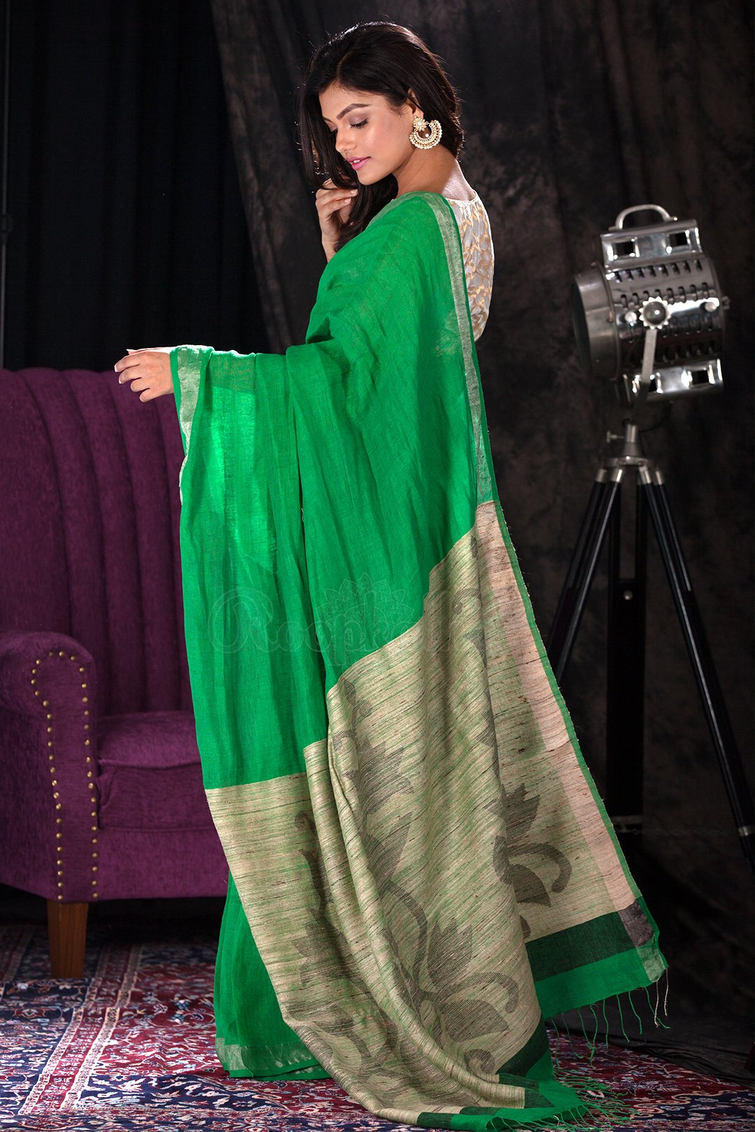Charming Green Premium Linen Party Wear Printed Saree For Women