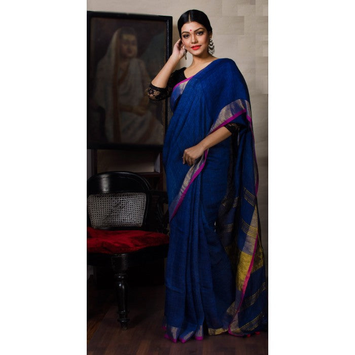 Eye-catching Navy Blue Colored Party Wear Premium Linen Saree For Women