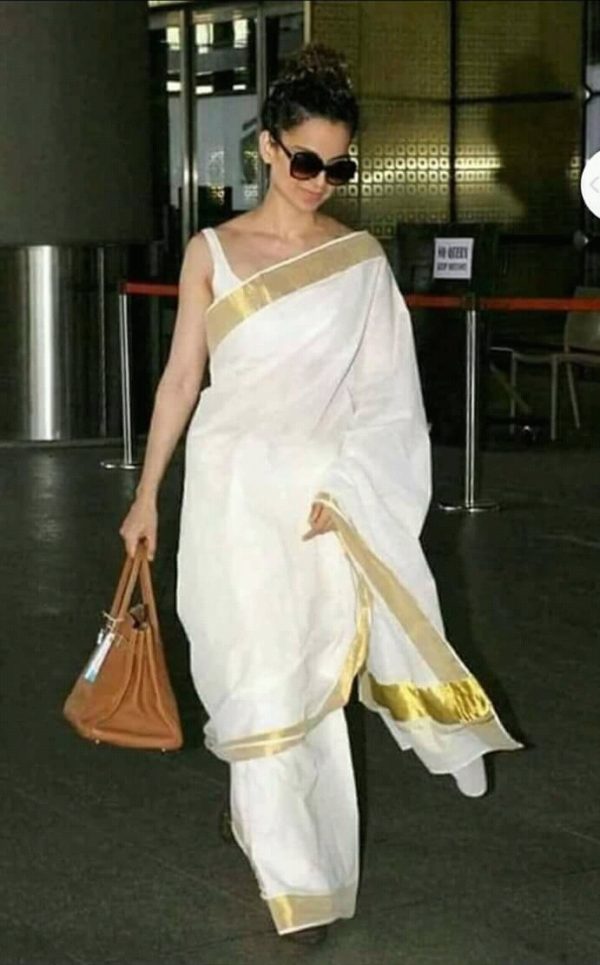 Kangana Ranaut Special White And Gold Pure Linen Designer Bollywood Saree