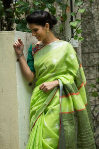 Breathtaking Radiant Green Pure Linen Designer Saree