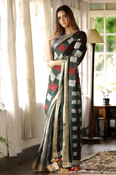 Ravishing Dark Green Premium Linen Saree For Women