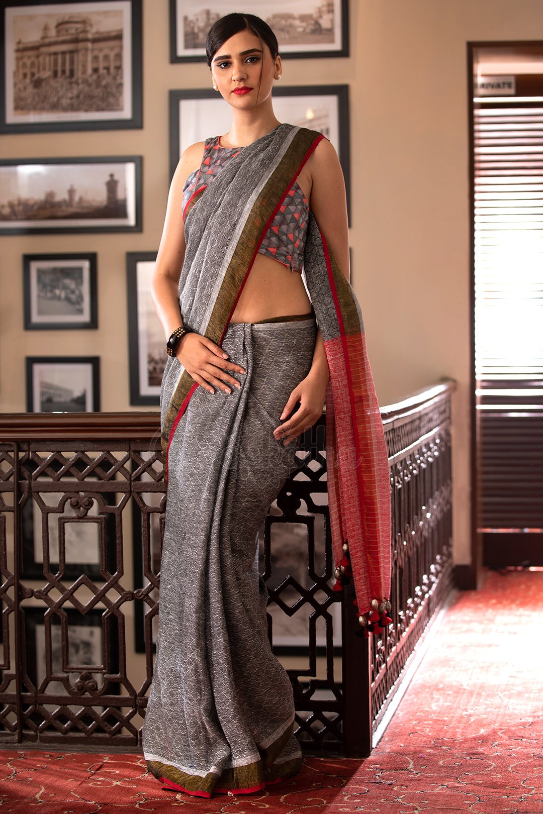 Classic Grey Colored Casual Wear Printed Linen Saree
