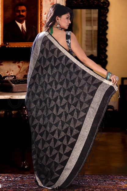Gorgeous Black Pure Linen Designer Saree For Women