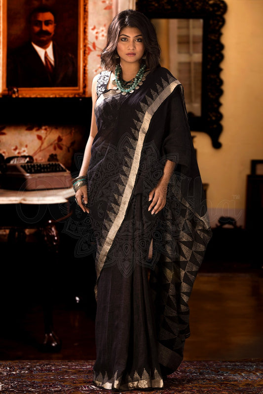 Gorgeous Black Pure Linen Designer Saree For Women