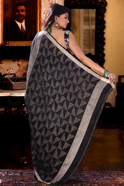 Gorgeous Black Pure Linen Designer Saree For Women