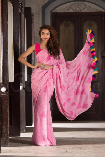 Imposing Pink Casual Printed Pure Linen Saree For Women