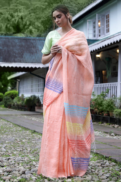 Glorious Peach Casual Printed Pure Linen Saree For Women