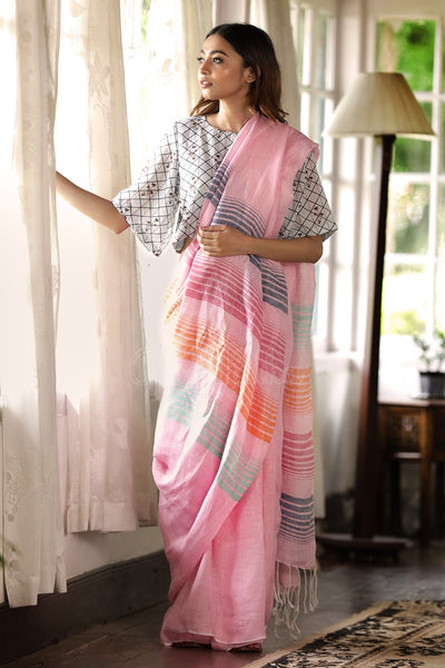 Entrancing Baby Pink Colored Casual Printed Pure Linen Saree For Women