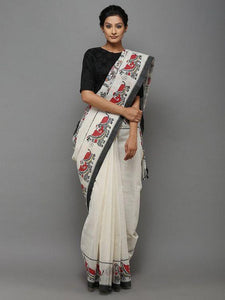 Gleaming White Colored Festive Wear Pure Linen Saree For Women