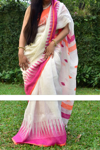 Sensational White And Pink Colored Festive Wear Checks Print Pure Linen Saree For Women