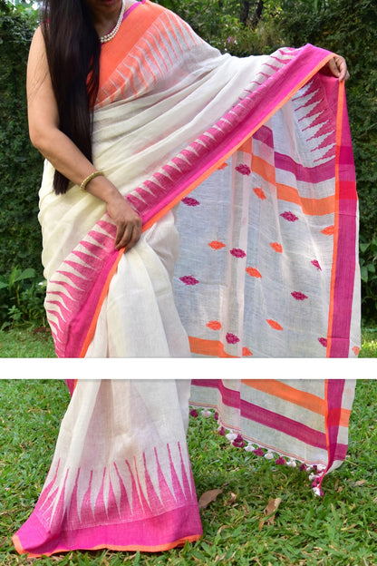 Sensational White And Pink Colored Festive Wear Checks Print Pure Linen Saree For Women