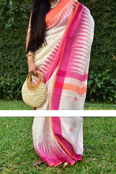 Sensational White And Pink Colored Festive Wear Checks Print Pure Linen Saree For Women