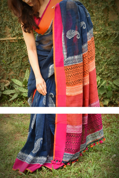 Groovy Navy Blue And Pink Colored Festive Wear Pure Linen Saree For Women