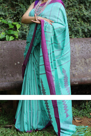 Unique Dark Purple And Rama Colored Festive Wear Linen Saree For Women