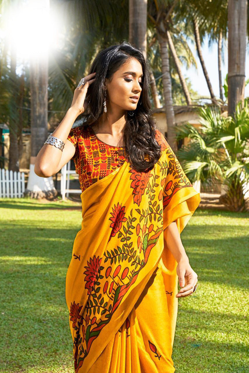 Captivating Dark Yellow Colored Festive Wear Checks Print Pure Linen Saree For Women