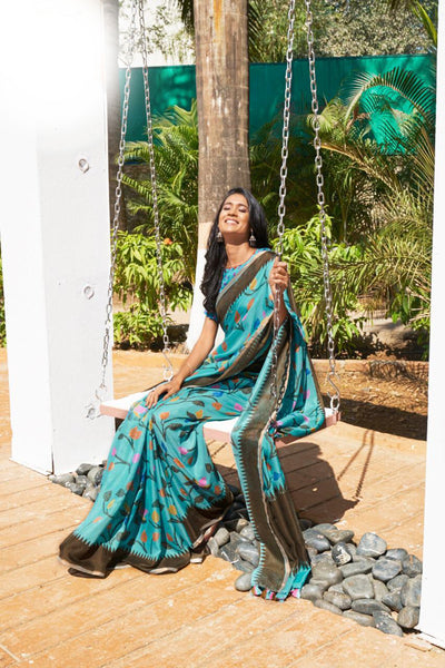 Energetic Sky Blue Colored Partywear Pure Linen Saree For Women