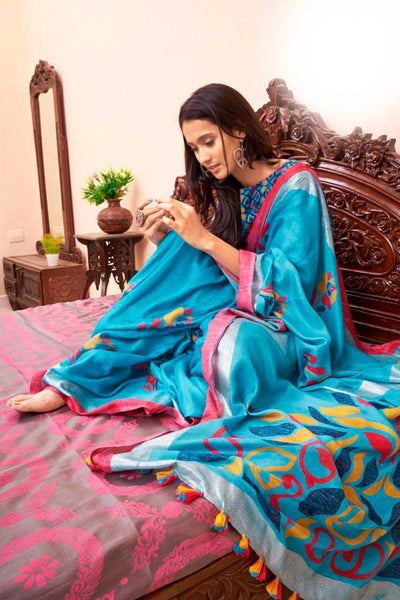 Energetic Sky Blue Colored Partywear Pure Linen Saree For Women