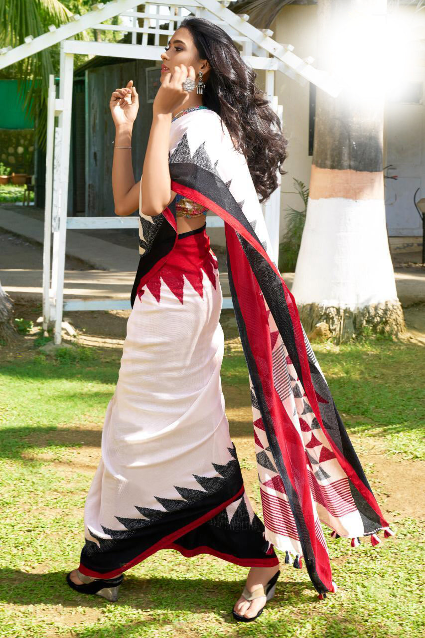 Desirable White And Black Festive Wear Woven Linen Silk Saree For Women