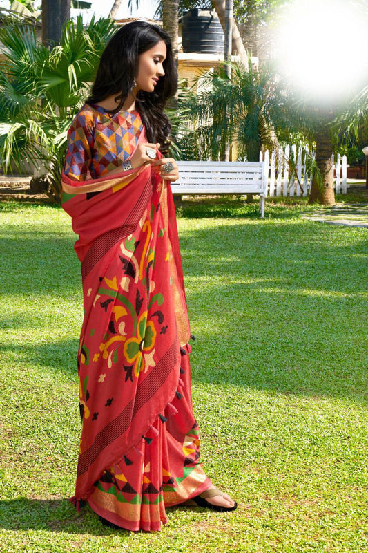 Staring Red Colored Casual Wear Linen Saree With 2 Blouse Pieces For Women
