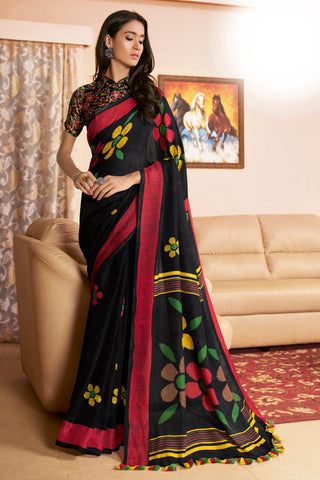 Charming Black Colored Casual Wear Printed Pure Linen Saree For Women