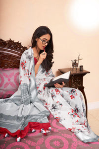 Demanding White Colored Casual Printed Linen Saree For Women