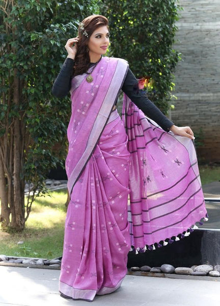 Gorgeous Purple Colored Casual Wear Printed Linen Saree For Women