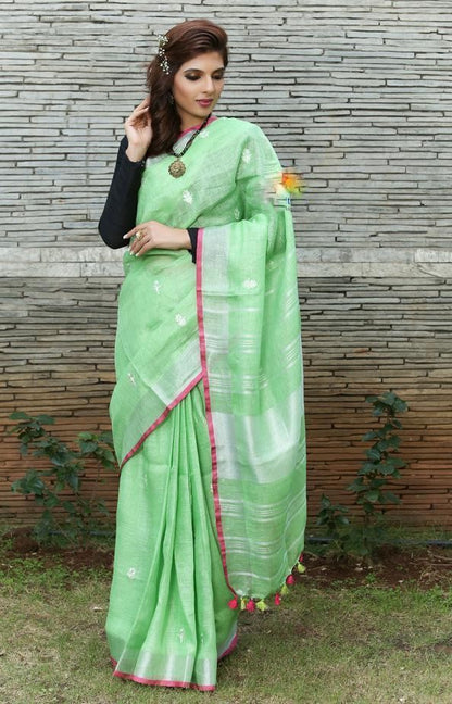 Intricate Light Green Colored Festive Wear Linen Saree For Women