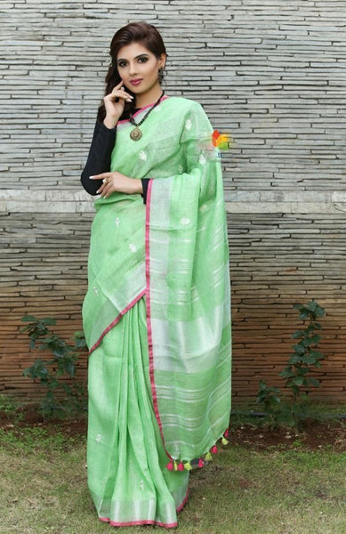 Intricate Light Green Colored Festive Wear Linen Saree For Women