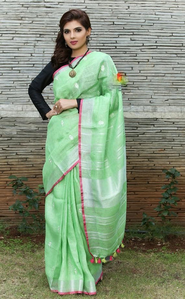 Intricate Light Green Colored Festive Wear Linen Saree For Women