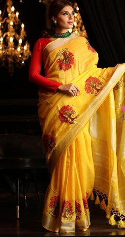 Blooming Yellow Colored Festive Wear Linen Saree For Women