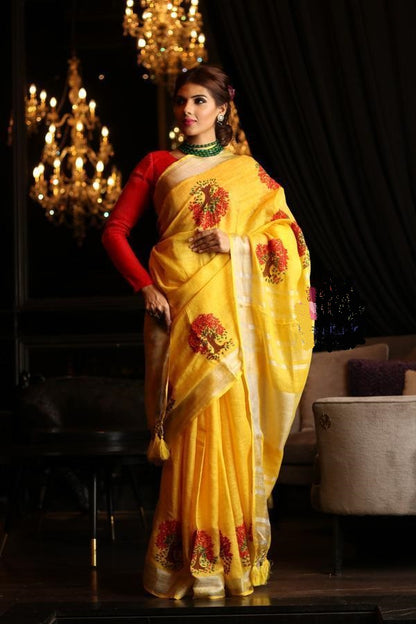Blooming Yellow Colored Festive Wear Linen Saree For Women