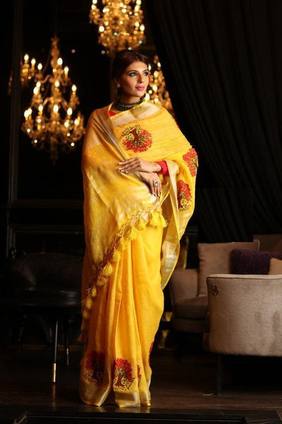 Blooming Yellow Colored Festive Wear Linen Saree For Women