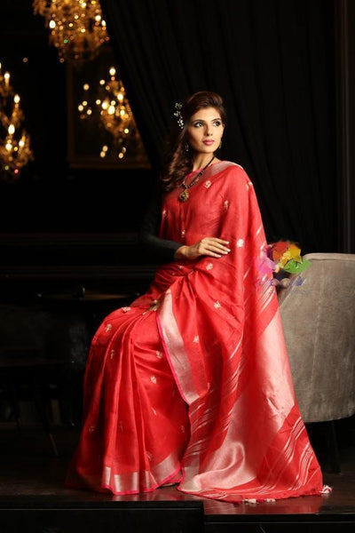 Energetic Red Colored Festive Wear Linen Saree For Women