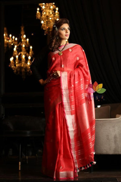 Energetic Red Colored Festive Wear Linen Saree For Women