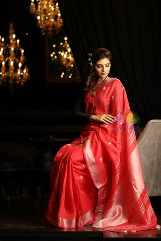 Energetic Red Colored Festive Wear Linen Saree For Women