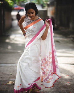 Demanding White Colored Printed Pure Linen Saree For Women