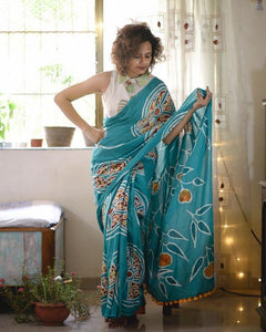Starring Sky Blue Colored Party Wear Printed Pure Linen Saree For Women