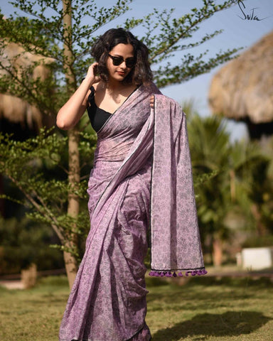 Exceptional Light Purple Colored Festive Wear Pure LInen Saree For Women