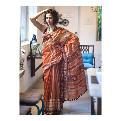 Demanding Orange Colored Printed Pure Linen Saree For Women