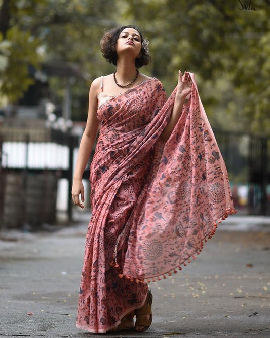 Prominent Peach Pure Linen Designer Saree For Women