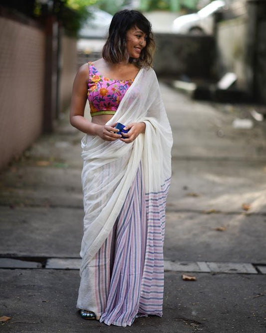 Refreshing White & Pink Colored Festive Wear Pure Linen Saree For Women