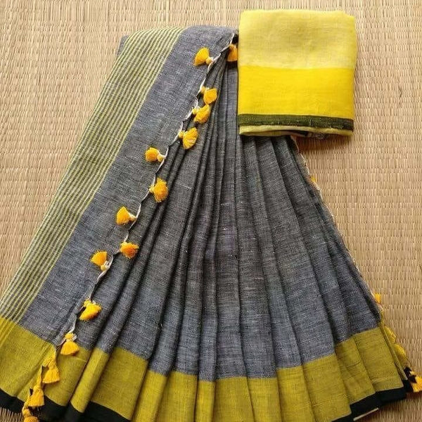 Blissful Gray And Yellow Colored Festive Wear Pure Linen beautyful Saree For Women
