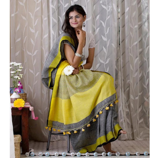 Blissful Gray And Yellow Colored Festive Wear Pure Linen beautyful Saree For Women
